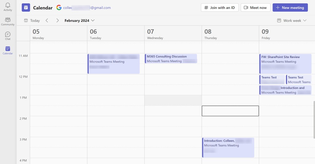 Screen shot of Teams Calendar app displaying events from Google Calendar.