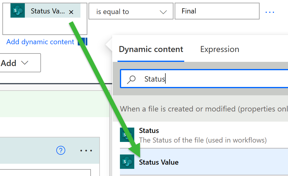 Screen capture of the condition for the Status Value is equal to Final.