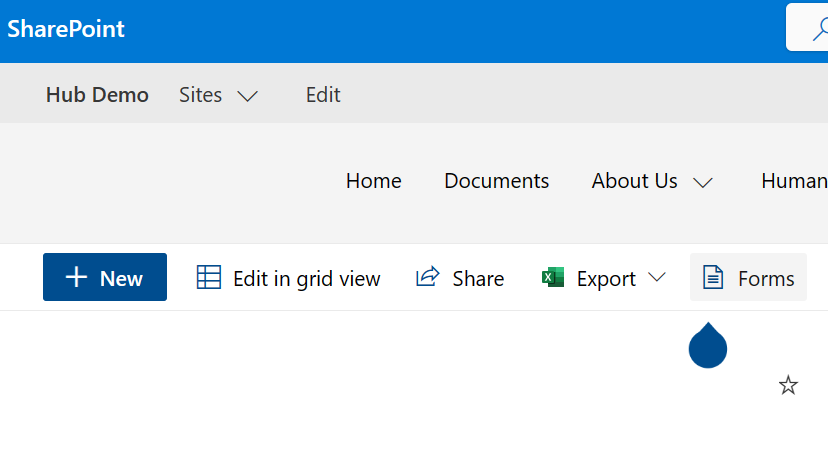 Screen capture showing the Forms button in the list of menu items at the top of a SharePoint list.