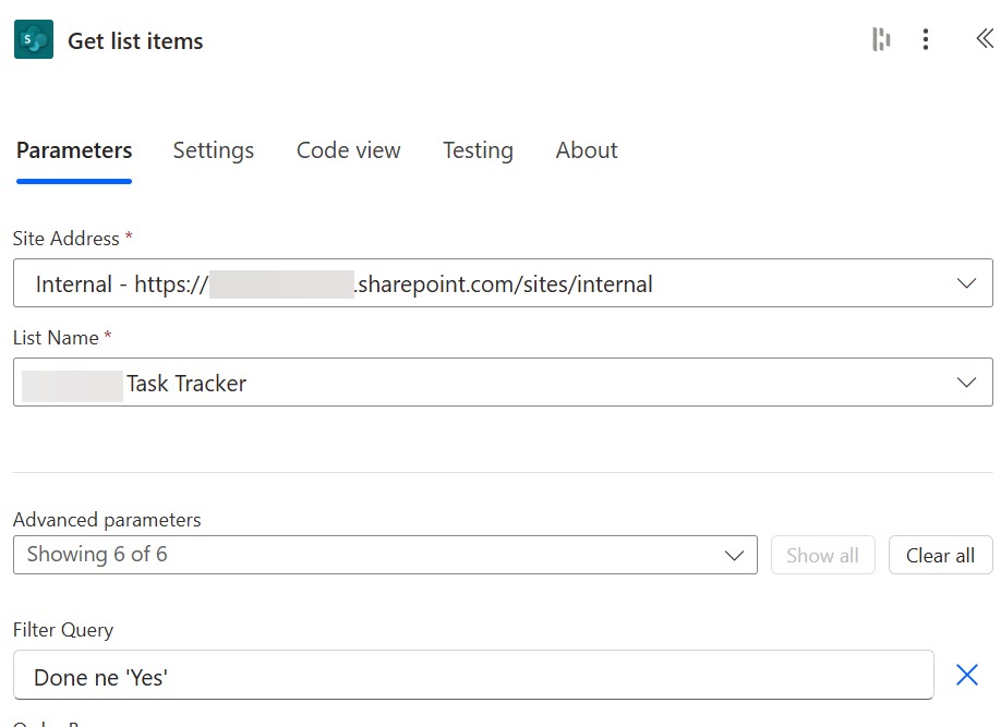 Get list items action screen capture. Displaying the Site Address, List Name and Filter Query = Done ne 'Yes'