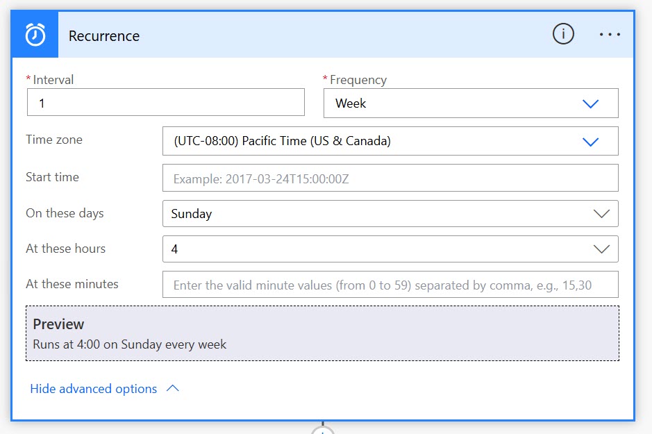 Recurrence action screen capture set to 1 Week, Time zone = Pacific, On these days = Sunday, At these hours = 4